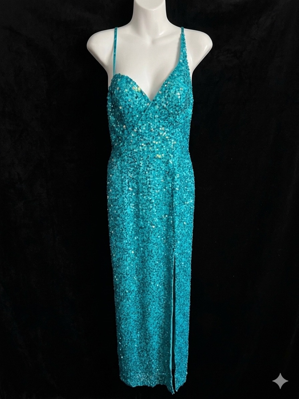 Scala NWT 100% Silk Turquoise Sequin High Slit V Neck Prom Gown Dress Q4118 2